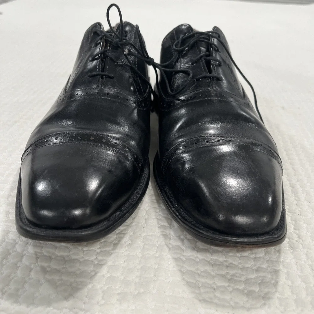Allen Edmonds Mens Evanston Black 9.5 D Leather Cap Toe Brogue Oxford Dress Shoe